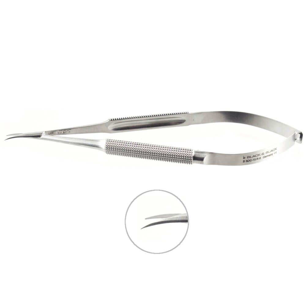 A pair of Micro Scissors, Dissection Blade with fine, curved tips. The body of the Micro Scissors has textured grips for easy handling. There is an inset close-up image highlighting the precise curved tips at the bottom of the main image.