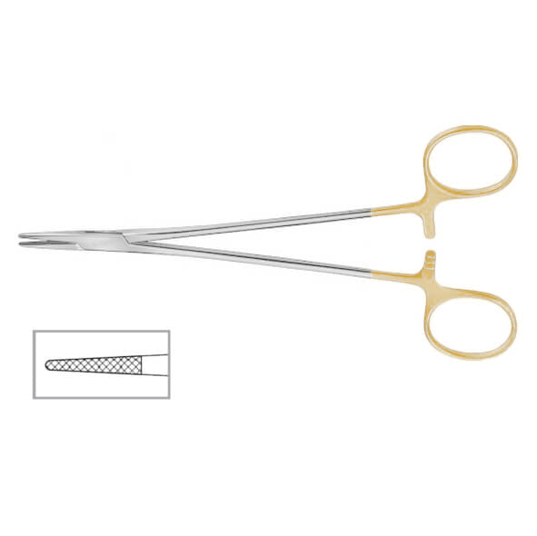 A pair of silver and gold Debakey Onyx Needle Holder, 7″ (17.5cm), 7000 Jaw with an inserted image showing a close-up of the Tungsten Carbide serrated gripping surface. The holders have looped finger grips and a long, slender, straight structure ideal for precise suturing tasks.