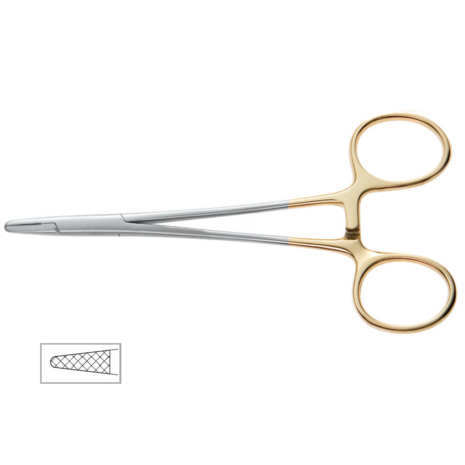 A Baumgartner Onyx Needle Holder, 5-1/2″ (14cm), 4000 Jaw with a sleek, silver straight shaft and gold-colored finger rings, ideal for minor surgery and routine skin closure. The tool features Mayo-Hegar jaws with a detailed close-up inset showing the textured inner surface of the jaws, designed for secure needle grip during sutures.