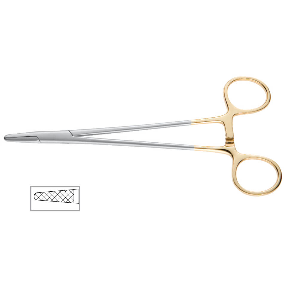 A silver and gold Mayo Hegar Onyx Needle Holder, 2500 Jaw with a ratchet locking mechanism, featuring rounded finger rings and a textured gripping surface inside the jaws. This general purpose needle holder has an inset illustration to the left showing a close-up view of the serrated gripping surface.