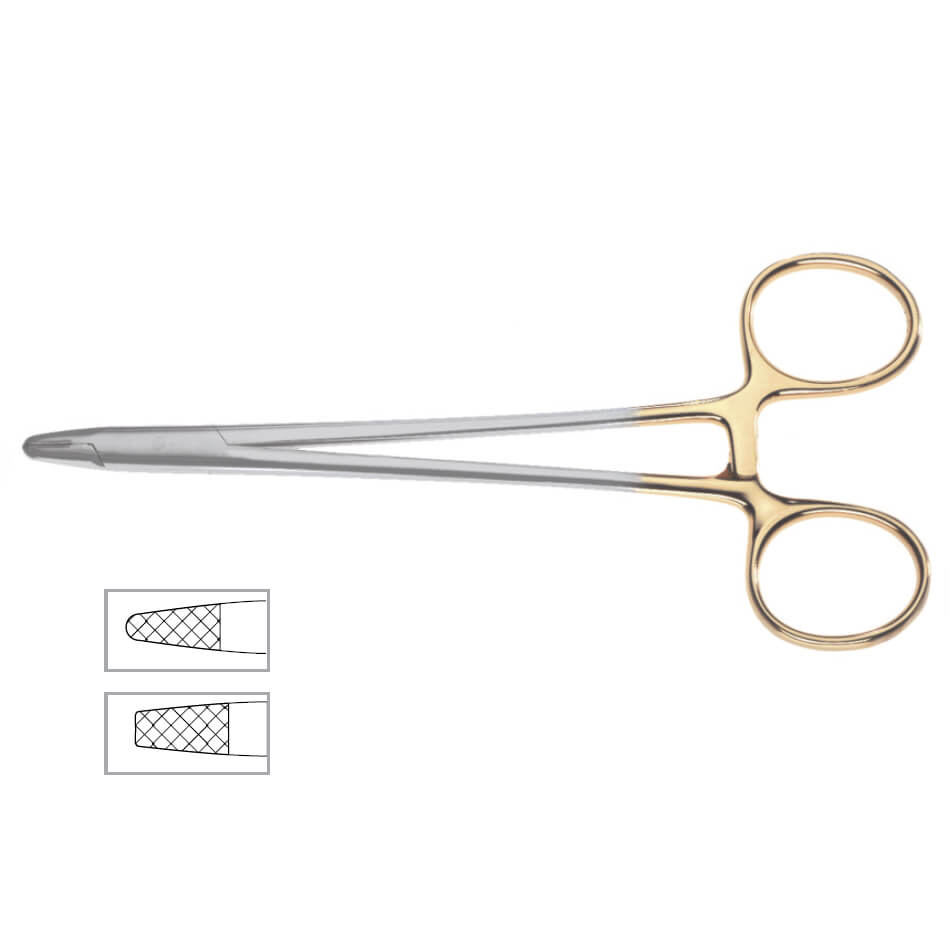 A pair of Wire Twisters Onyx Needle Holder, 6″ (15cm) with gold finger rings and silver, heavy jaws. The tungsten carbide jaws are textured for better grip. There are two small inset diagrams showing close-ups of the textured pattern on the jaws of the needle holders, ideal for large diameter needles.