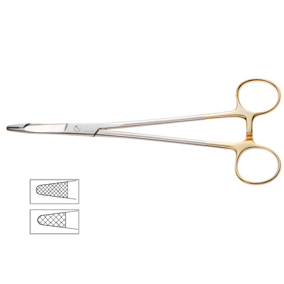 A Olsen Hegar Onyx Needle Holder/Scissors Combo with gold-colored finger loops and a straight, narrow cutting blade. The image also includes a detailed inset showing a close-up of the combo&