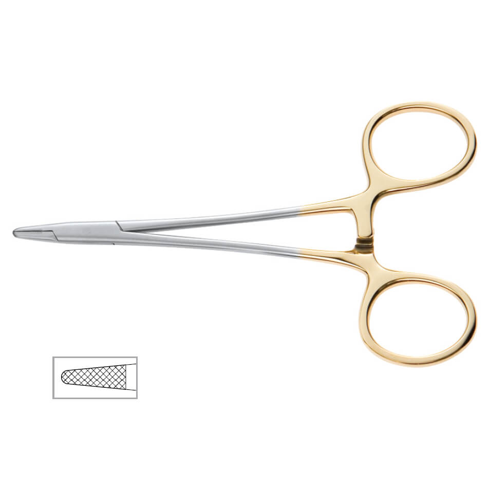 A gold and silver Derf Onyx Needle Holder, 4-3/4″ (12cm), 4000 Jaw with a mesh tip design, ideal for ophthalmic procedures. The instrument features finger loops for grip and precision handling. The inset image at the bottom left shows a close-up of the tip&