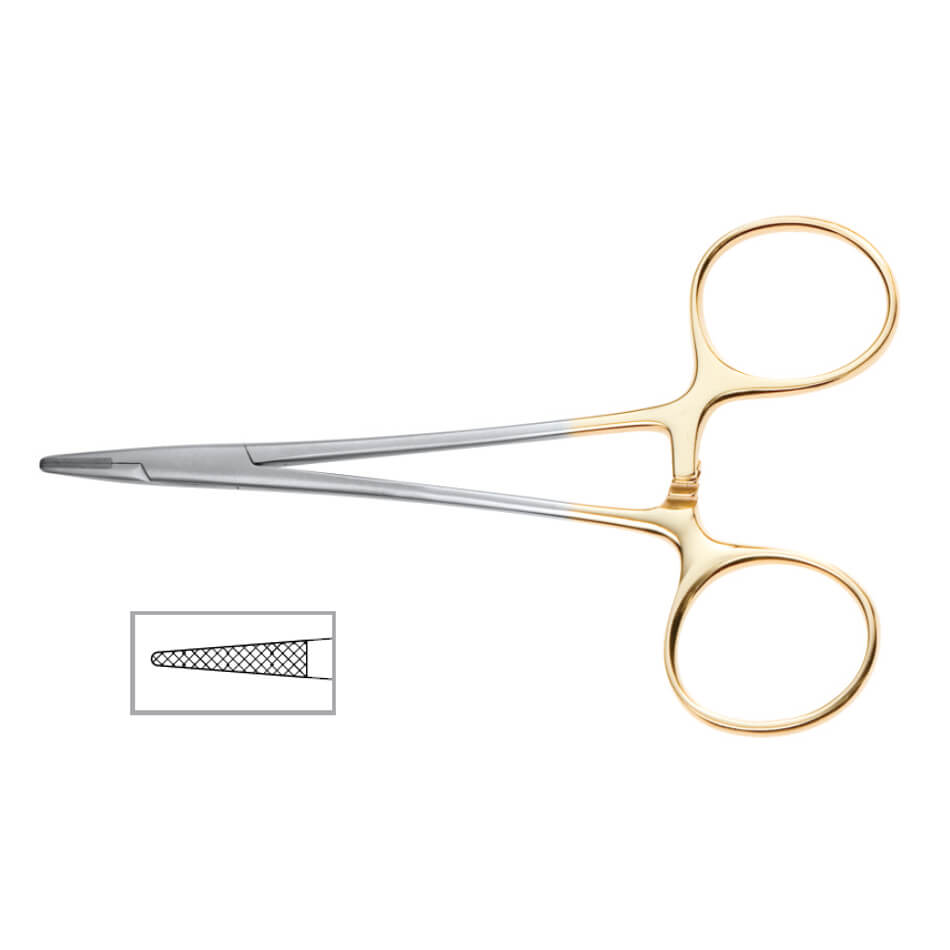 A pair of Webster Onyx Needle Holder, 4-1/2″ (11.5cm) with gold handles, ideal for blepharoplasty. The tip features tungsten carbide inserts with a textured surface, depicted in an inset diagram, to securely grip needles during medical procedures. The needle holder is made from stainless steel.