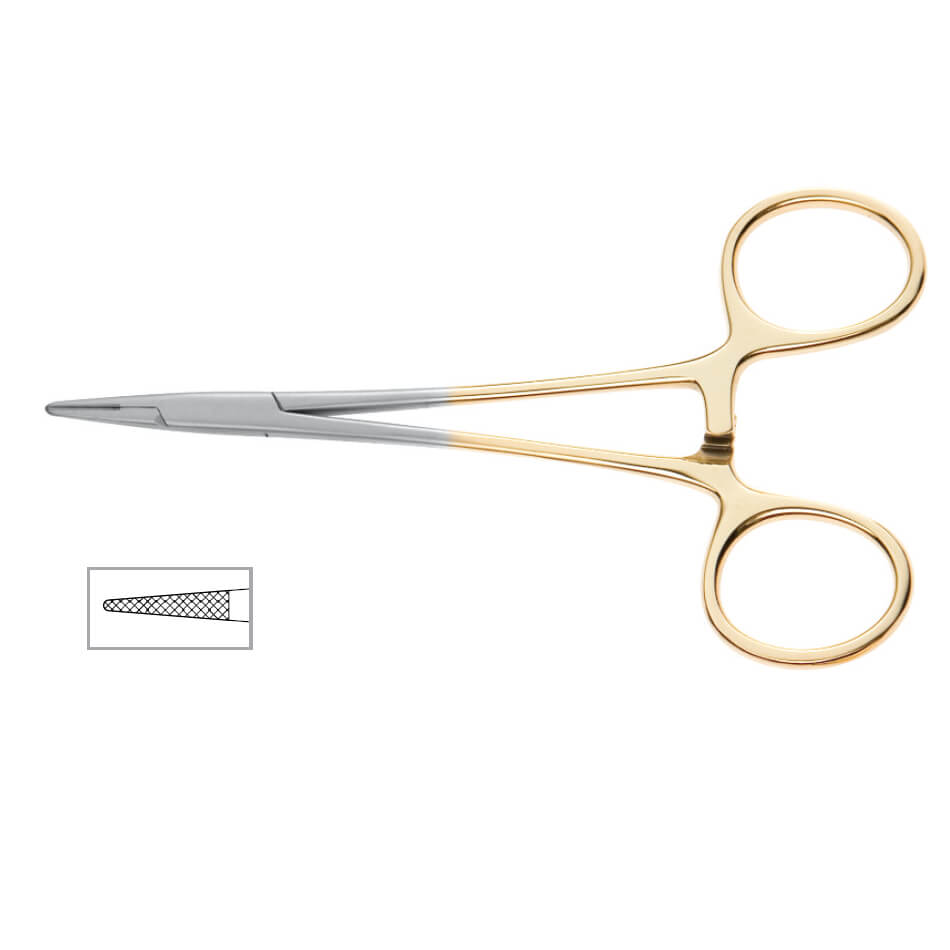 A PAR Onyx Needle Holder, 7000 Jaw featuring gold finger loops and a detailed inset image showing the serrated tip. The instrument, part of our premium surgical instruments collection, appears to be made of stainless steel with tungsten carbide inserts for enhanced durability in medical procedures.