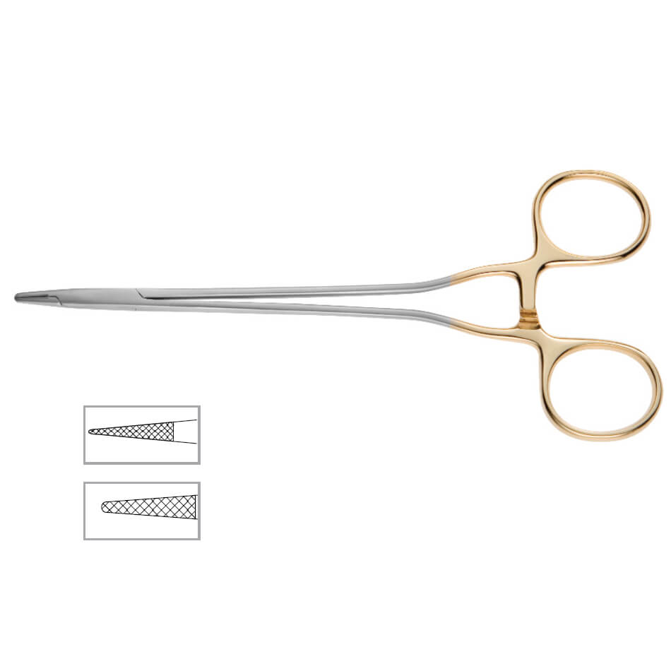 A Tebbetts Type Delicate Onyx Needle Holder with gold-colored finger loops and two detailed insets showing the inner texture of the instrument. Perfect for delicate soft tissue surgery, these Tungsten Carbide blades are elongated and pointed at the tips, offering unmatched precision.