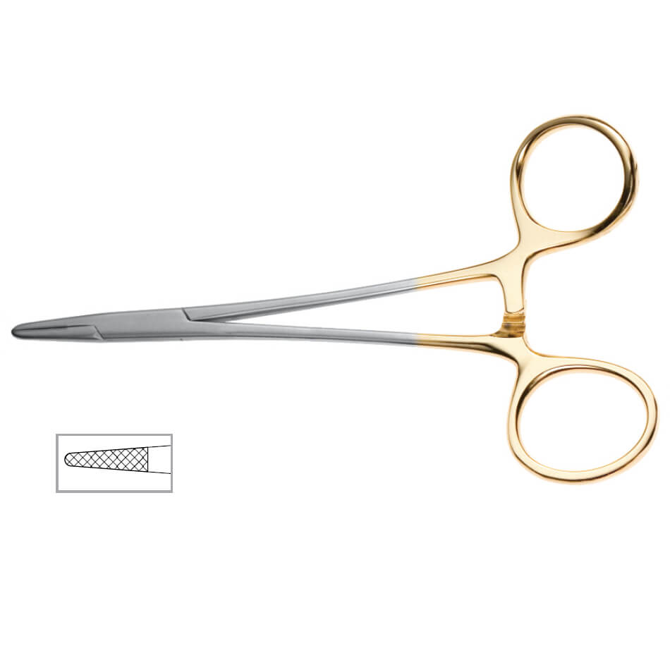 A gold and silver Neivert Offset Onyx Needle Holder, 5″ (12.5cm), 4000 Jaw with ring handles and a locking mechanism. The inset shows the texture of the serrated jaws designed for gripping tissue or compressing blood vessels during medical procedures, providing easier handling when using a 5/0 suture.