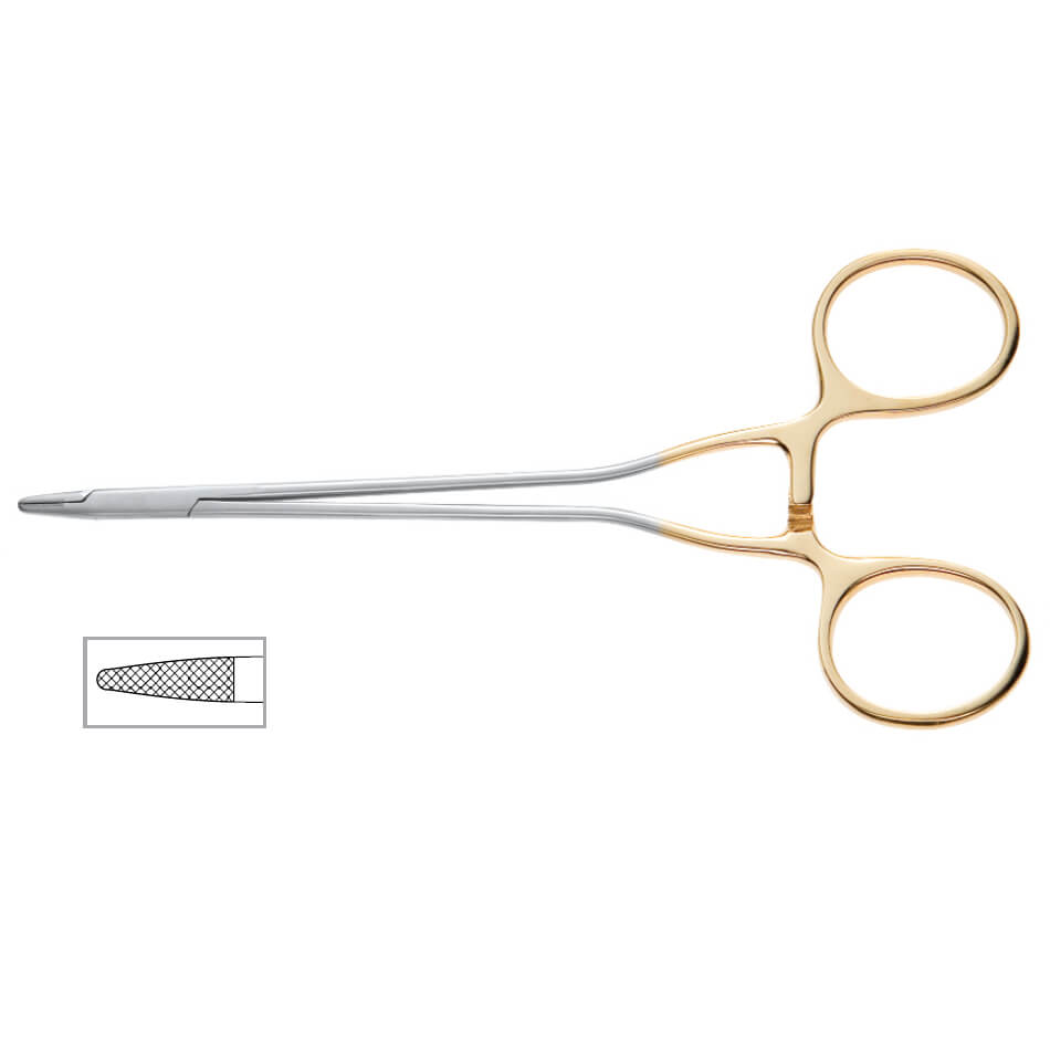 A Swedish Onyx Needle Holder, 6″ (15cm), 7000 Jaw resembling forceps or needle holders with gold-colored finger rings and a silver body, ideal for pediatric surgery. The delicate tips are straight and meet precisely. Inset shows a magnified view of the gripped texture at the tip.