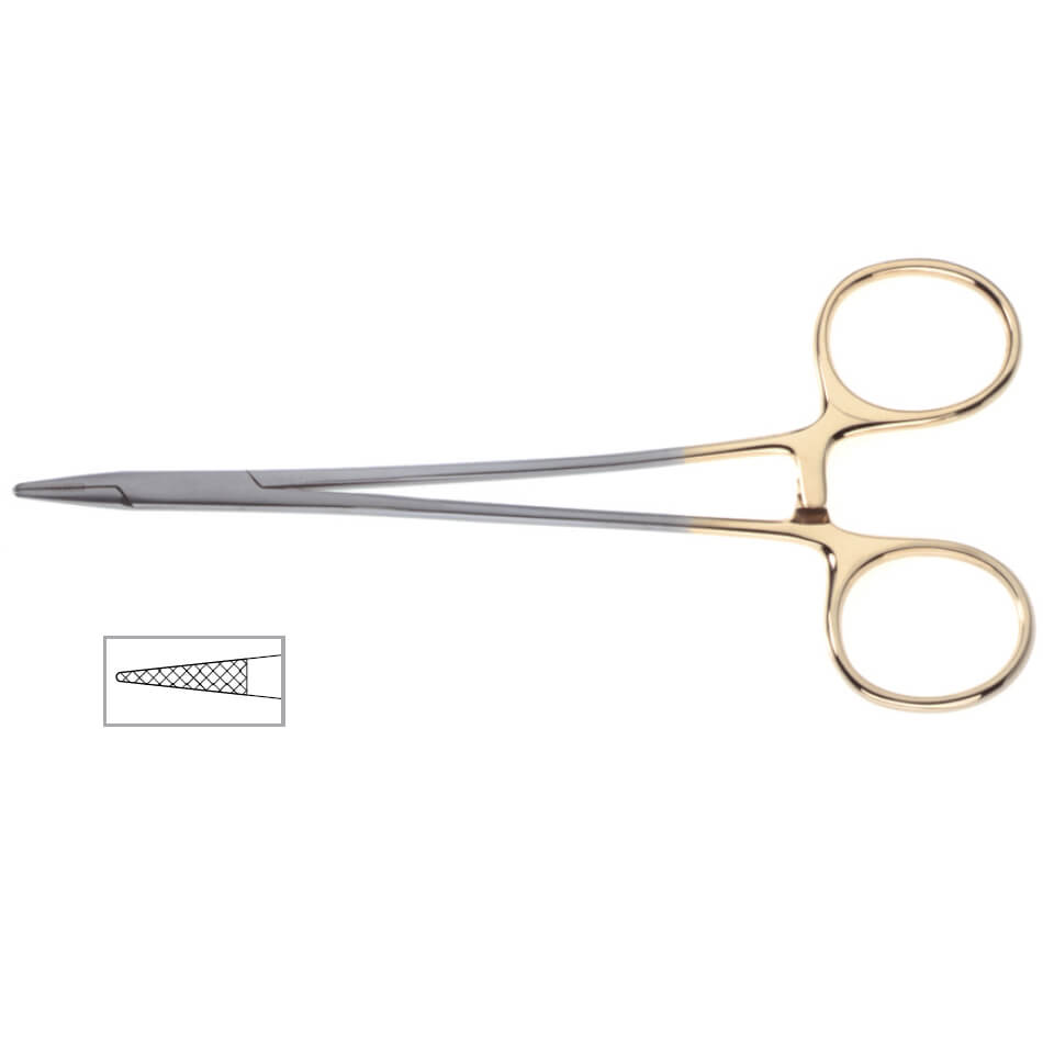 A Microvascular Onyx Needle Holder, 6″ (15cm), 4000 Jaw with gold-colored handles and a textured gripping surface at the tip. Featuring precision-balanced design with finger loops, these forceps include tungsten carbide inserts, as shown in the inset image highlighting the detailed gripping surface.