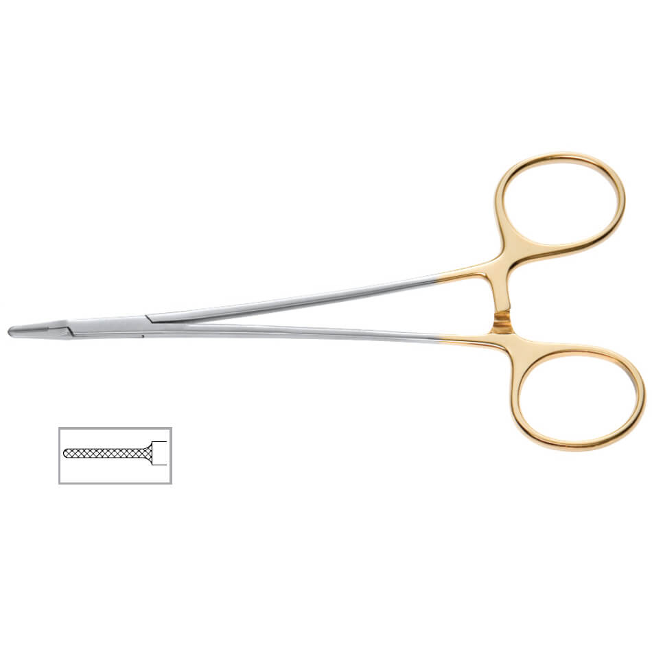 A pair of Ryder Onyx Needle Holder with dual finger rings and a narrow, curved tip. An inset diagram shows a detailed view of the serrated inner surface of the gripping end, ideal for precise handling in neurosurgical needle holders.