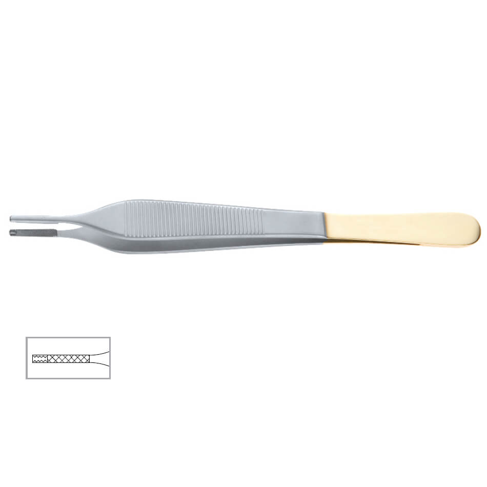 A pair of Brown-Adson Onyx SofTouch™ Forceps, 4000 Jaw with a yellow grip on the handle. The tweezer tips are flat and partially serrated for a better hold. An inset image shows a close-up of the tungsten carbide serrated grip pattern at the tip.