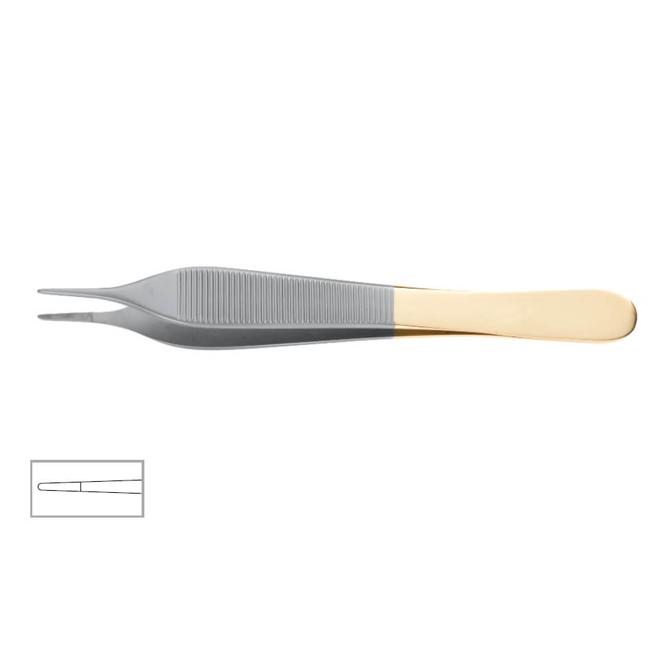 A pair of Adson Delicate Onyx Forceps, 4-3/4″ (12cm), Smooth with a gold-colored handle and ribbed grip. The tips are fine and pointed, ideal for tying suture. An inset illustration at the bottom left shows a close-up detail of the tweezer tips.