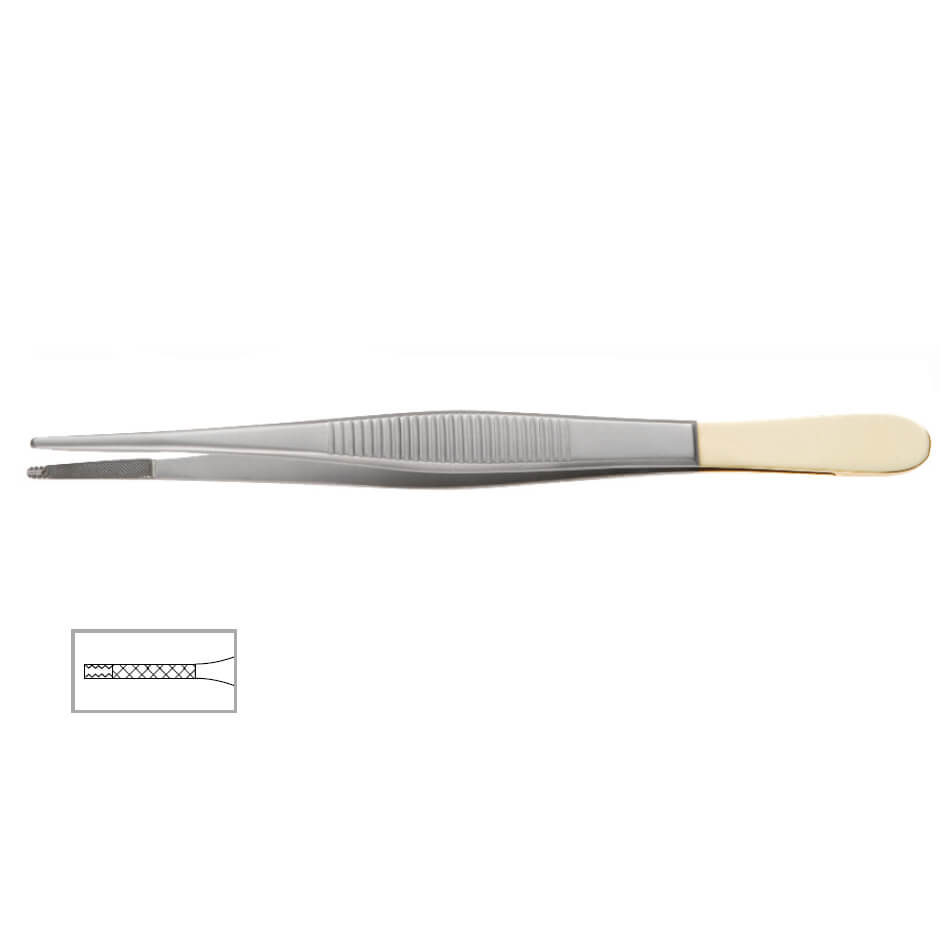 A pair of Brown Onyx Forceps, 6″ (15cm), 4000 Jaw with a ribbed grip and a white tip is shown, ideal for rhinoplasty procedures. The tip of the forceps is illustrated in a small inset at the bottom left, highlighting the small multiple teeth for optimal gripping.