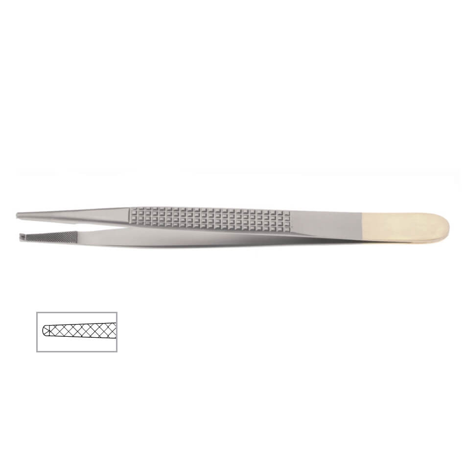 A pair of Bonney Onyx Forceps, 6-3/4″ (17cm), 1x2 Teeth, 2500 Jaw, with a textured grip section and a tapered tip, reminiscent of precision fascia forceps. An inset at the bottom left corner showcases a close-up of the detailed, efficient grip pattern.