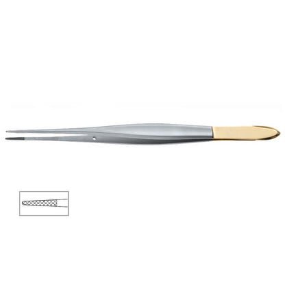 A pair of Cushing Onyx Forceps, 7″ (18cm), 4000 Jaw featuring a gold-colored handle and fine pointed tip, enhanced with tungsten carbide inserts for superior grip. A small diagram inset shows the detailed texture of the gripping ends.