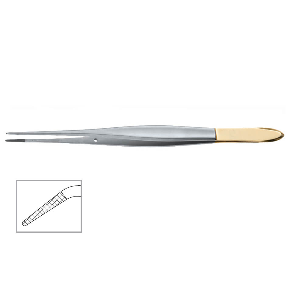 A pair of Cushing Onyx Forceps, 7″ (18cm), 4000 Jaw with tungsten carbide inserts is shown with a close-up inset that highlights the textured grip pattern on the tips. The forceps have a sleek, tapered design and are intended for precision tasks.