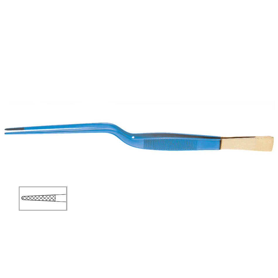 A blue insulated Cushing Bayonet Onyx Forceps, 4000 Jaw with gold-plated tips and tungsten carbide inserts. The handle features a ribbed grip for better control. An inset diagram in the bottom left corner shows the cross-section details of the forceps.