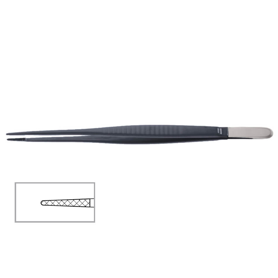 A pair of black, Crow Insulated Onyx Forceps, 4000 Jaw, 10″ (25cm) with a fine, textured grip on the tips. The inset image shows an enlarged view of the gripping surface, featuring a tungsten carbide insert with a crosshatched pattern for improved hold, suitable for breast and neck surgery.