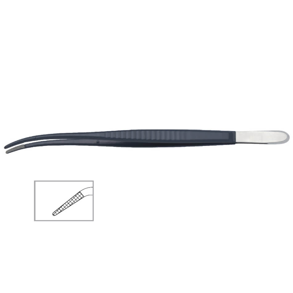 A pair of Maxwell Insulated Onyx Forceps, 9″ (23cm), 4000 Jaw with serrated tips, featuring tungsten carbide inserts. The main image shows the entire tool, while an inset provides a close-up view of the forceps&