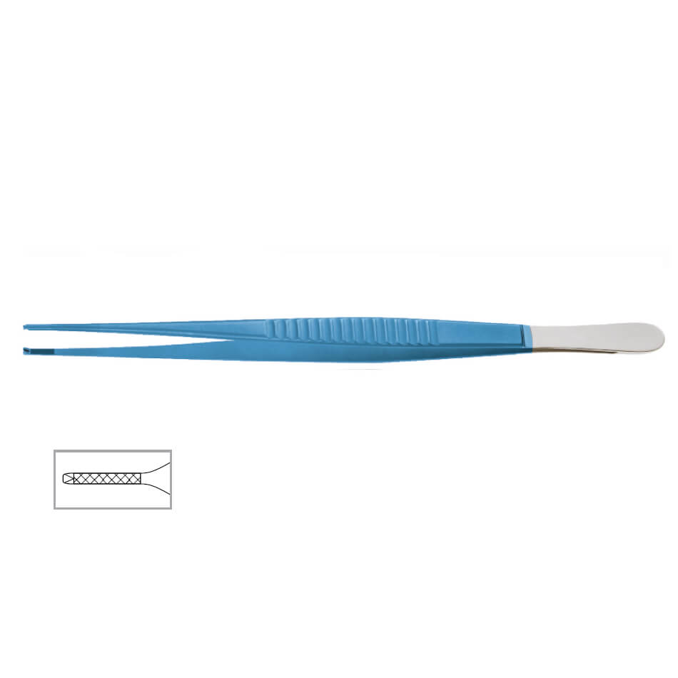 The image shows a pair of blue and white Skinner Onyx Forceps, 9″ (23cm), 4000 Jaw, 1x2 Teeth with a ribbed grip area. There is an inset illustration of the forceps tips, which appear to have a textured or serrated surface for better grip, making them ideal for delicate procedures like neck surgery.