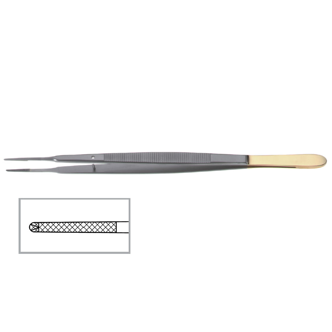 The Gerald Onyx Forceps, 7″ (17.5cm), 7000 Jaw, feature a gold-colored handle with a textured grip and crosshatched tips for enhanced control. An inset highlights the precise tip details.