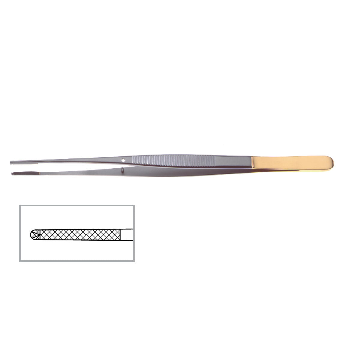 A pair of Semken Onyx Forceps, 6″ (15cm), 4000 Jaw, 1x2 Teeth with a gold-plated handle and a detailed pattern on the gripping end. The bottom left corner shows a close-up diagram of the gripped area with a crosshatched pattern for better grip. The main body of these Semken Onyx Forceps is silver.