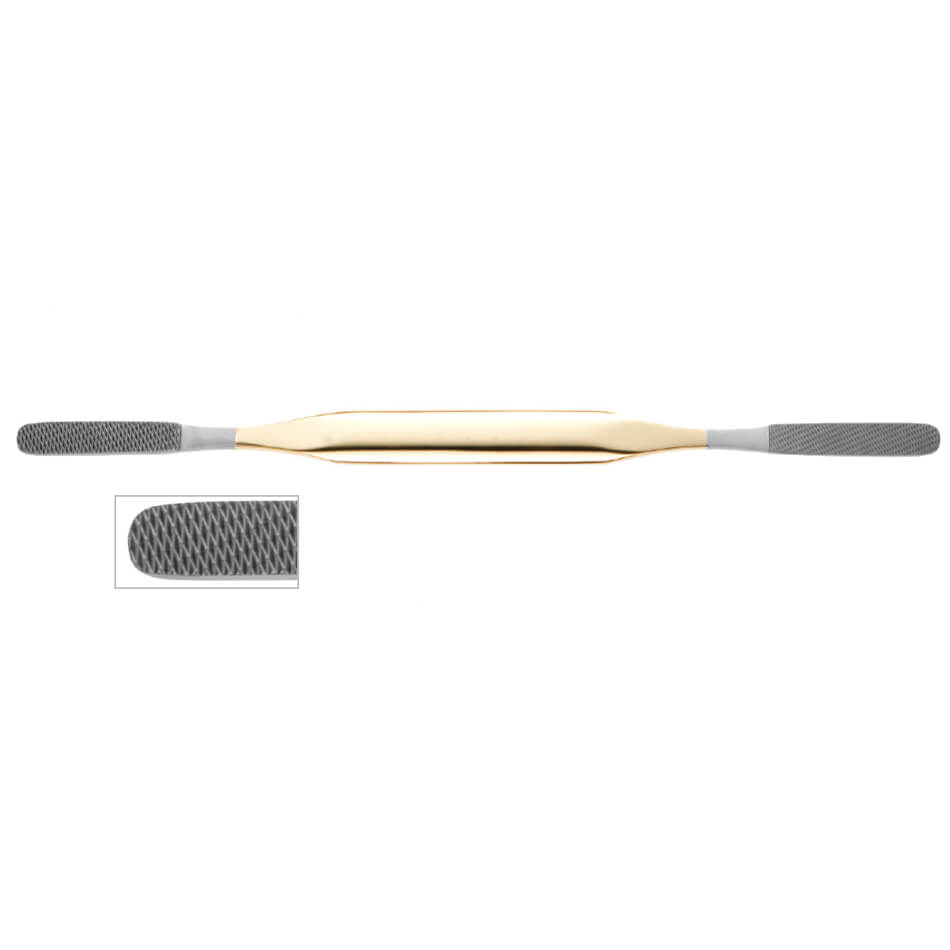 A Fomon Black Diamond™ Push-Pull Rasp, 8-1/2″ (21.5cm) with a sleek metallic handle. Each end features a textured, cylindrical filing surface made from medical grade carbide, ideal for smoothing dental materials. An inset shows a close-up view of the filing texture for additional detail.