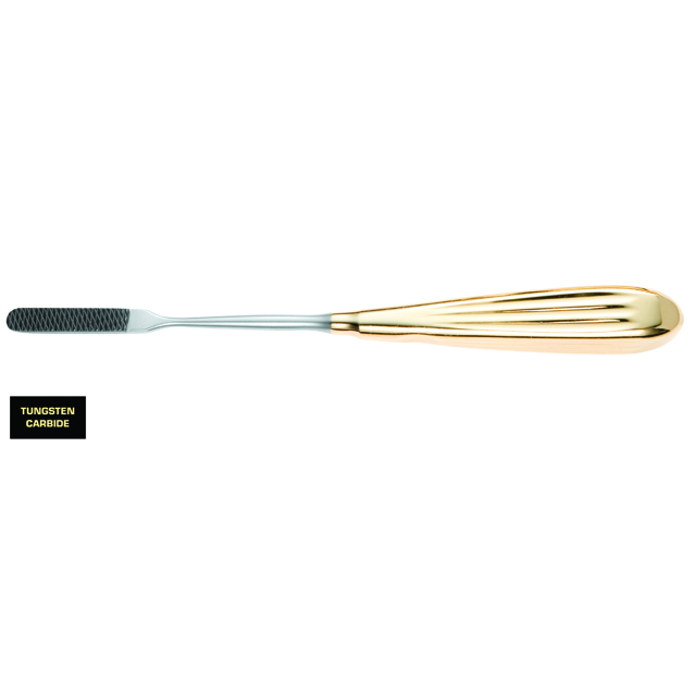 A gold and silver colored dental tool with a serrated tip and a smooth, rounded handle that shines. The handle is tapered and grooved for grip. The left side of the image has a black label with yellow text reading &quot;MEDICAL GRADE TUNGSTEN CARBIDE.