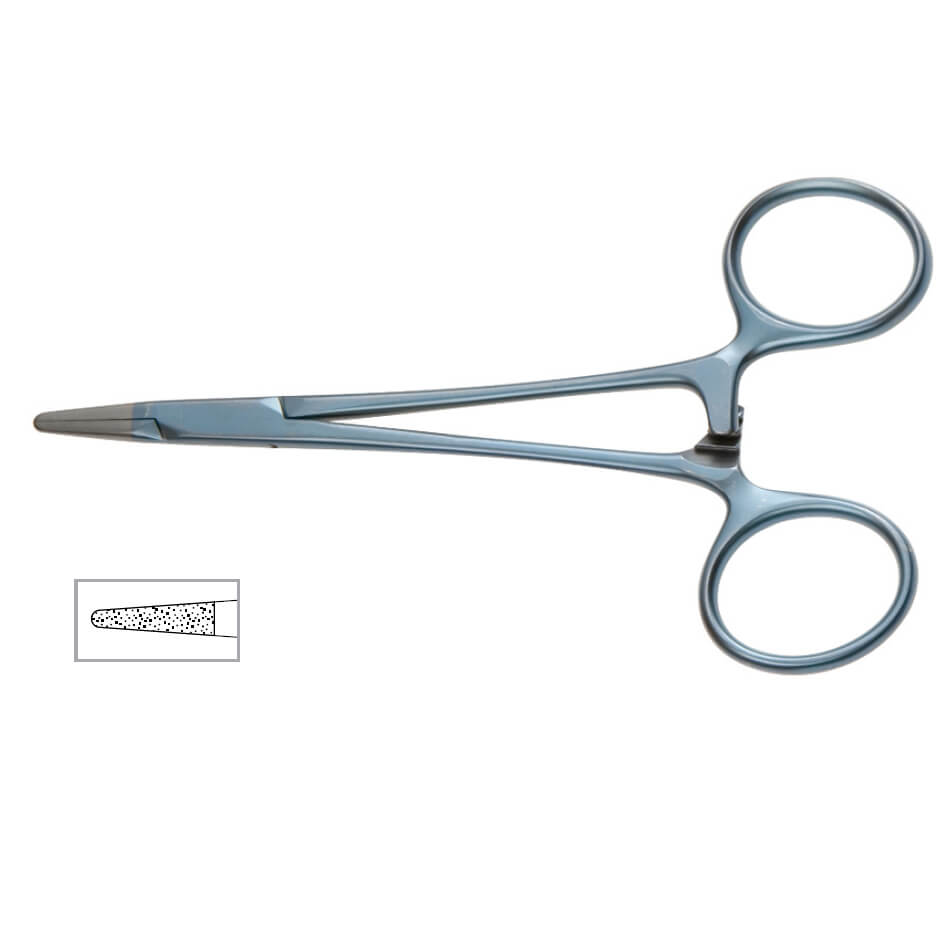 A Titanium Halsey Needle Holder, 5″ (12.5cm), Micro-Onyx Jaw with scissor-like handles and straight, narrow jaws. The grips at the end are textured for a firm hold. There is an inset image showing a close-up of the jaw&