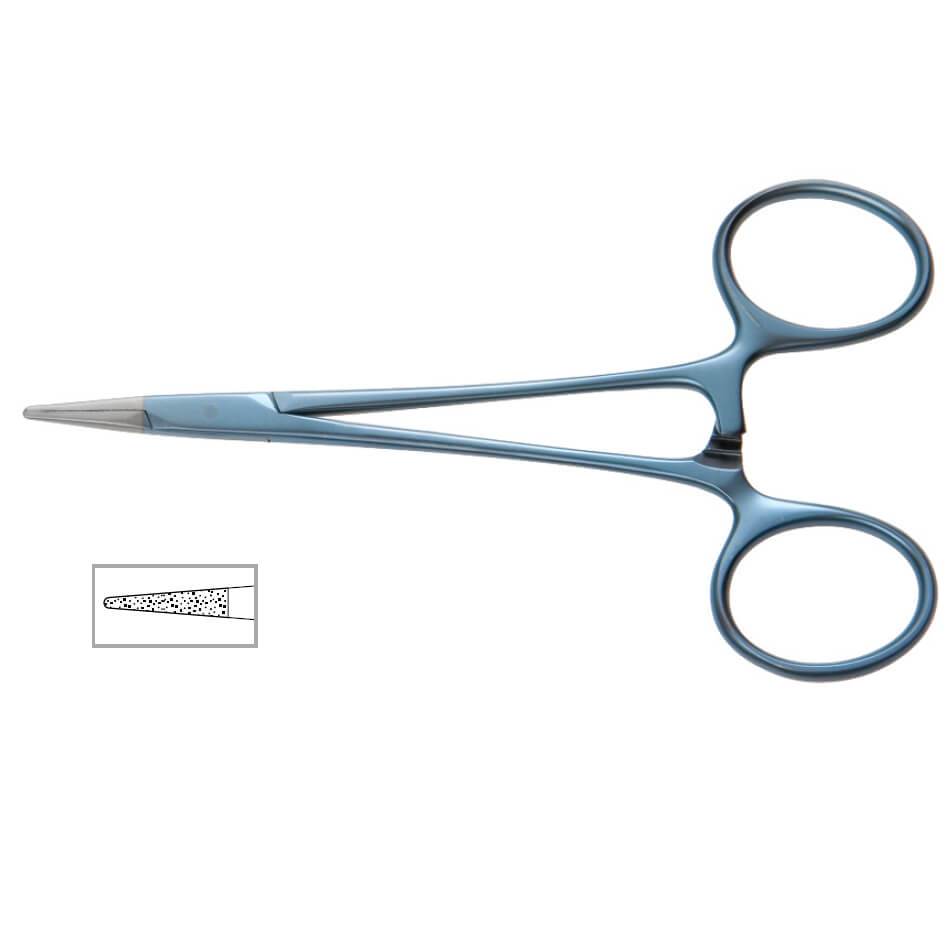 A Titanium PAR Needle Holder, 5″ (12.5cm), Micro-Onyx Jaw is shown against a white background, ideal for blepharoplasty procedures. An inset image displays a close-up of the grooved section of the needle holder, illustrating its texture and grip pattern.