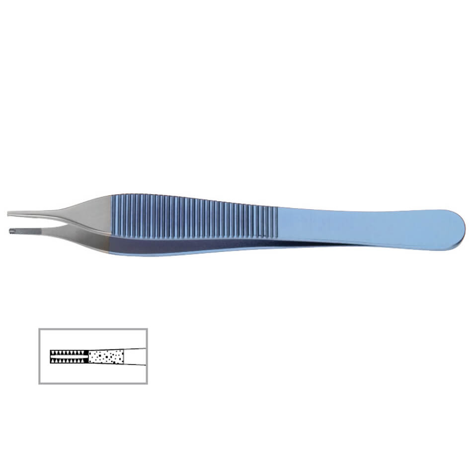 A pair of blue and silver Titanium Brown-Adson Onyx Forceps, 4-3/4″ (12cm), Micro-Onyx Jaw, featuring a ribbed grip and narrow tips with small multiple teeth, is displayed. An inset diagram at the bottom left shows a detailed cross-section of the forceps&