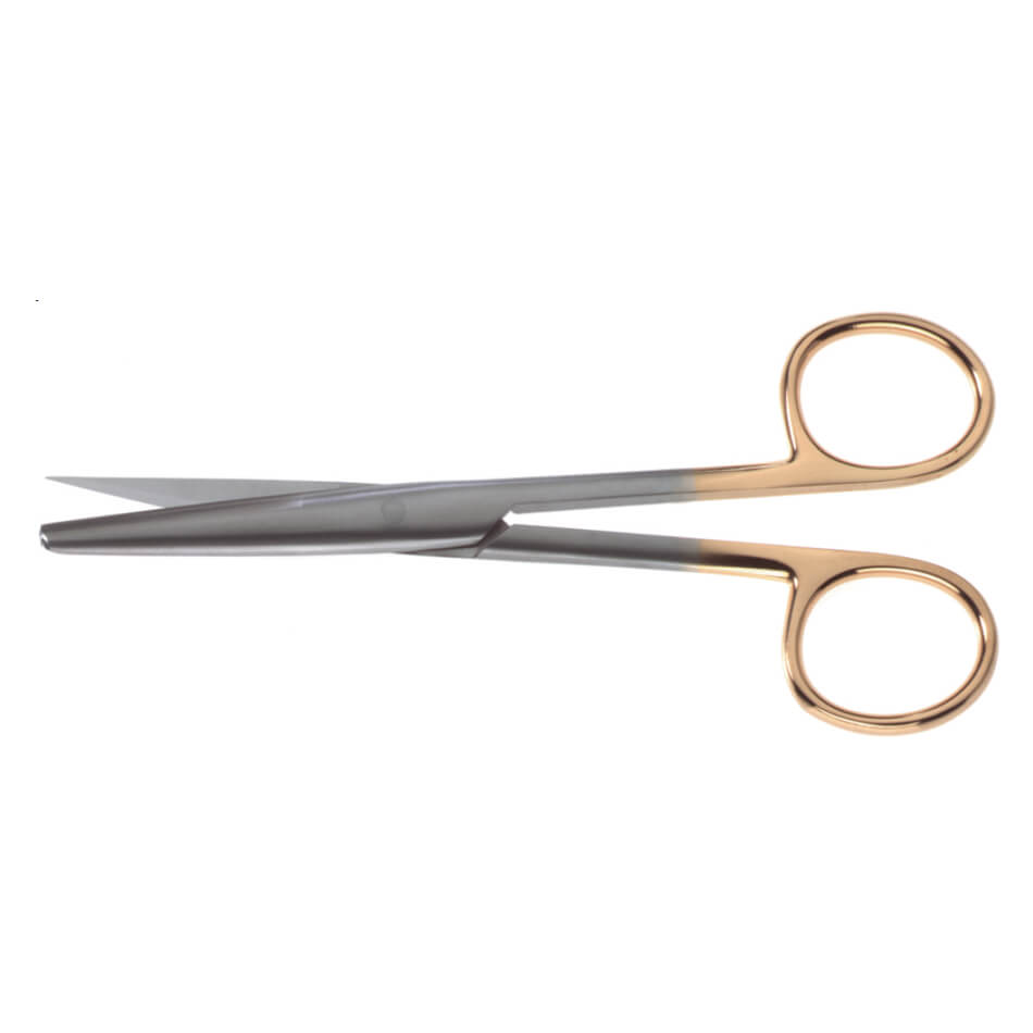 A pair of Operating Onyx Scissors with curved, gold-colored handles and angled stainless steel blades featuring tungsten carbide inserts. They are typically used for medical and precision cutting tasks. The handles have finger holes, and the blades are slightly open.