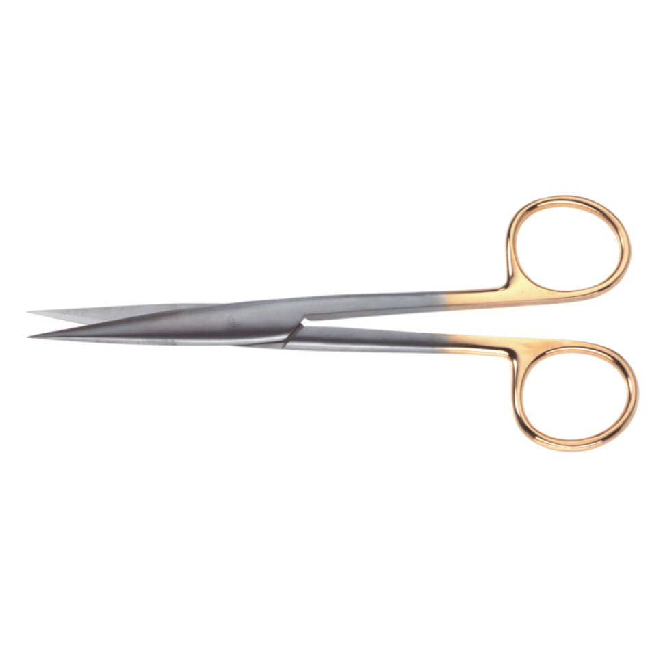 A pair of Operating Onyx Scissors with gold-colored finger rings and a silver blade, featuring tungsten carbide inserts for enhanced durability, positioned horizontally against a white background. The tips are pointed for precision cutting.