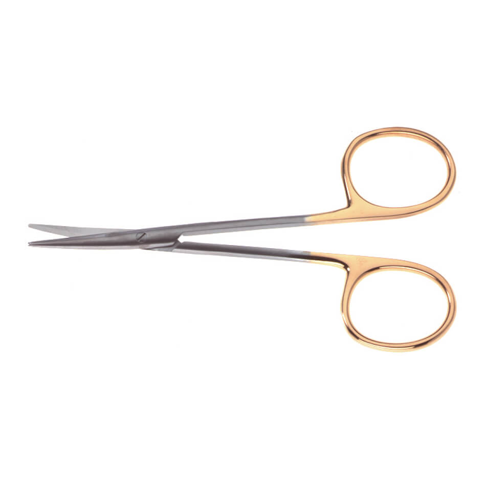 A pair of small, delicate Strabismus Onyx Scissors, 4-1/2″ (11.5cm) with a mix of Tungsten Carbide silver-colored blades and gold-colored handles, designed for precision cutting. The Strabismus Onyx Scissors have two round finger holes and are slightly curved at the tip. They appear to be surgical or embroidery scissors.