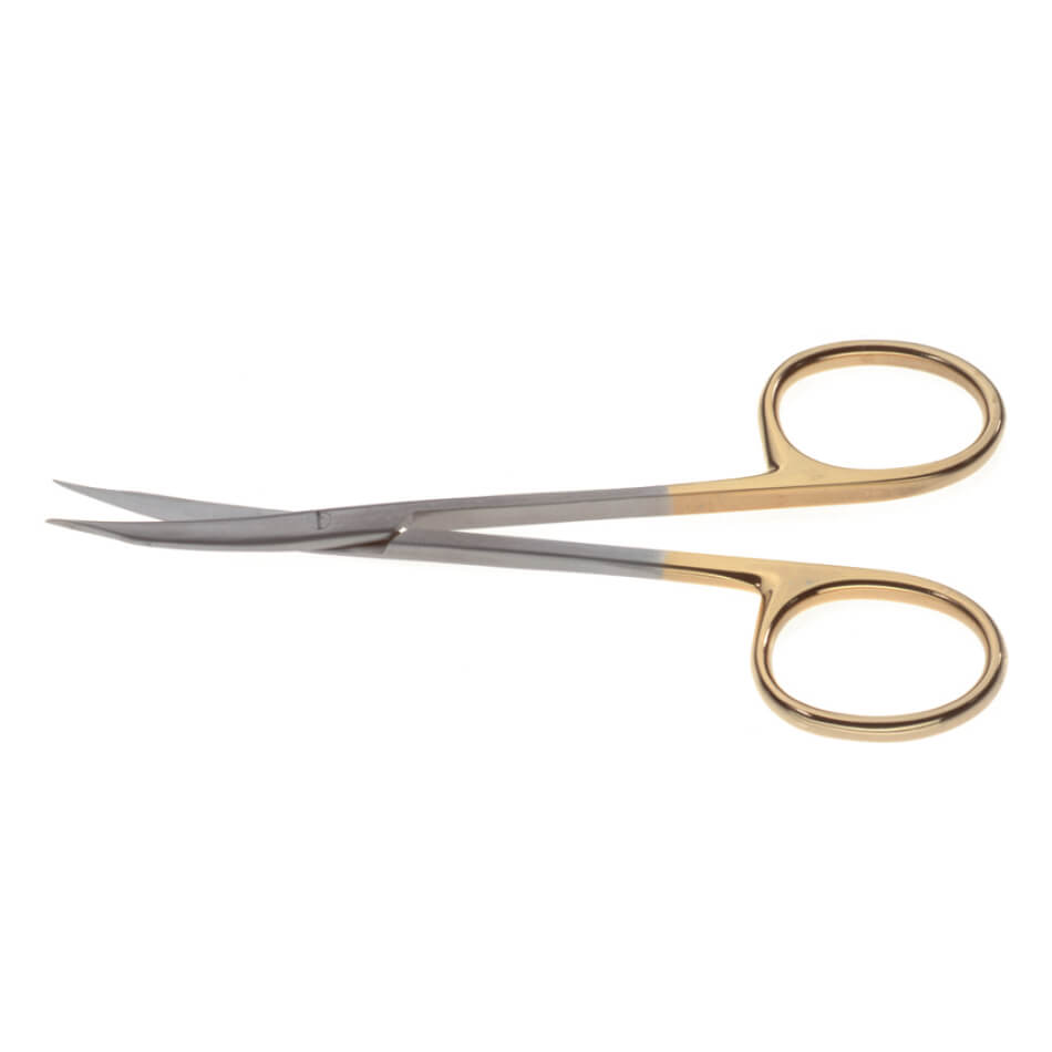 A pair of Stevens Tenotomy Onyx Scissors, 4-1/2″ (11.5cm) with gold-colored handles and delicate tungsten carbide blades, commonly used for detailed cutting tasks like trimming nails or small materials. The scissors are clean and shown against a white background.