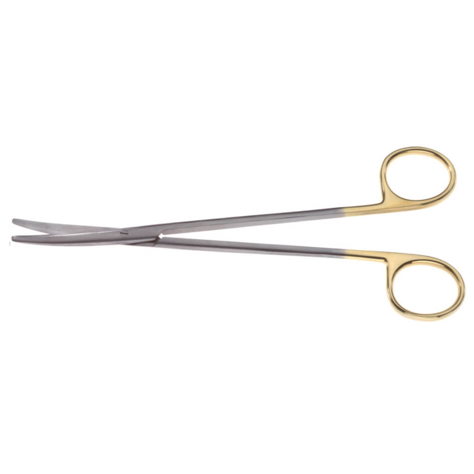 A pair of Metzenbaum Onyx Scissors, 5-3/4″ (14.5cm) with curved tungsten carbide blades, featuring gold-colored finger loops. The design suggests precision cutting, typically used in medical procedures. The scissors have a sleek, metallic finish and are positioned against a plain white background.