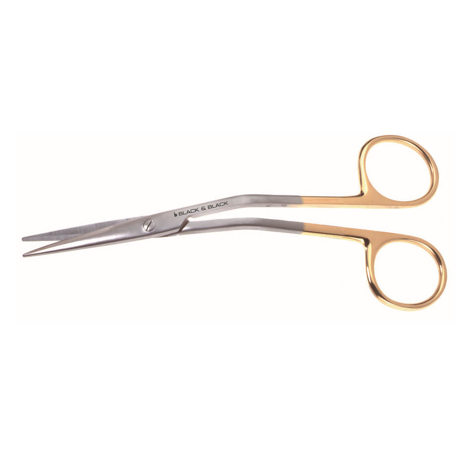 A pair of Fomon Serrated Onyx Scissors, 5-1/2″ (14cm), Angled with curved blades, gold-colored finger rings, and Black &amp; Black branding on the hinge area. The serrated blades ensure reduced tissue slippage during procedures. Featuring a sleek design and tungsten carbide construction, they are ideal for precise cuts in medical settings.