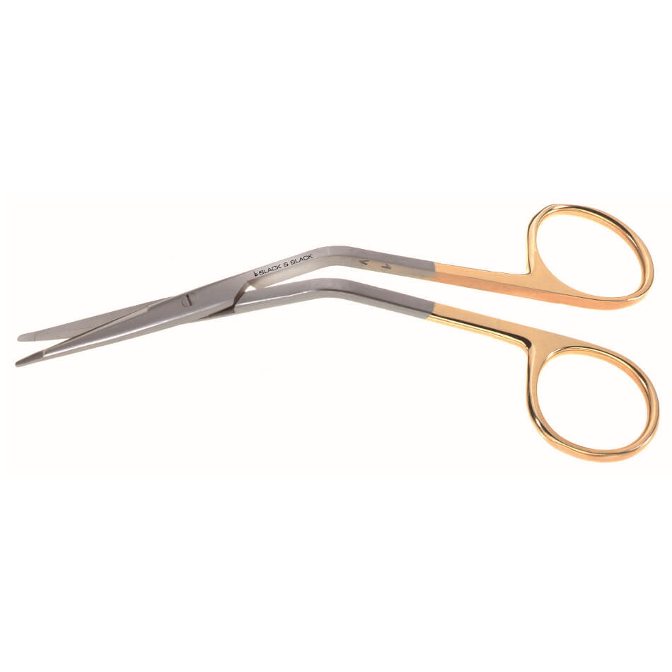 A pair of Aston Serrated Onyx Scissors, 5-1/2″ (14cm), Angled with curved, serrated blades and gold-colored finger loops. The handles are partially gold-toned, transitioning to a metallic silver near the angled shanks. The scissors have a sleek, precise design that minimizes tissue slippage.