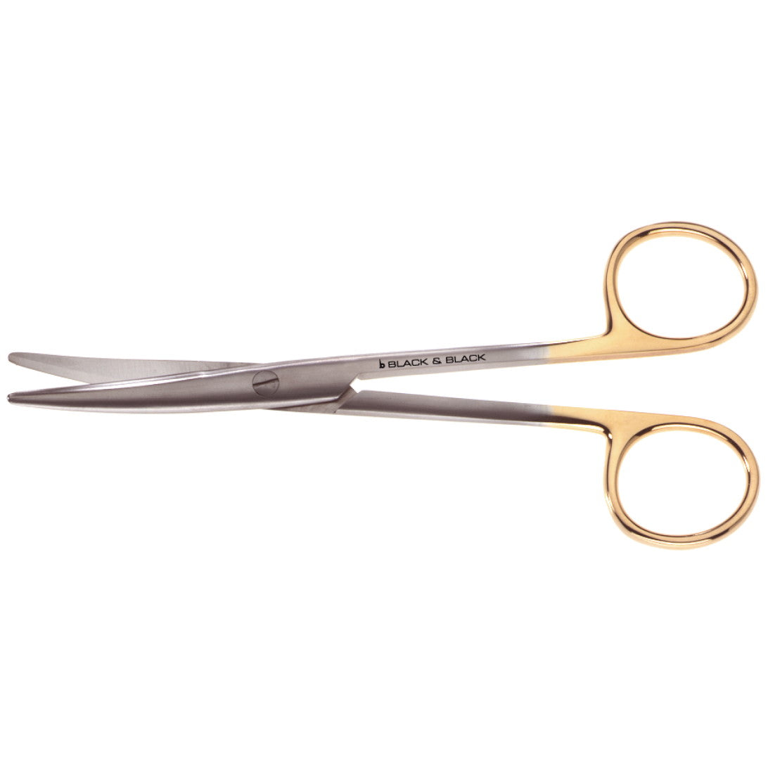 A pair of Mayo Onyx Scissors, 5-1/2″ (14cm) with one side gold-toned. The tips are slightly curved, and the handles are circular. Designed for dissection and cutting, these general purpose scissors feature the brand name &quot;BLACK &amp; BLACK&quot; engraved on one blade.