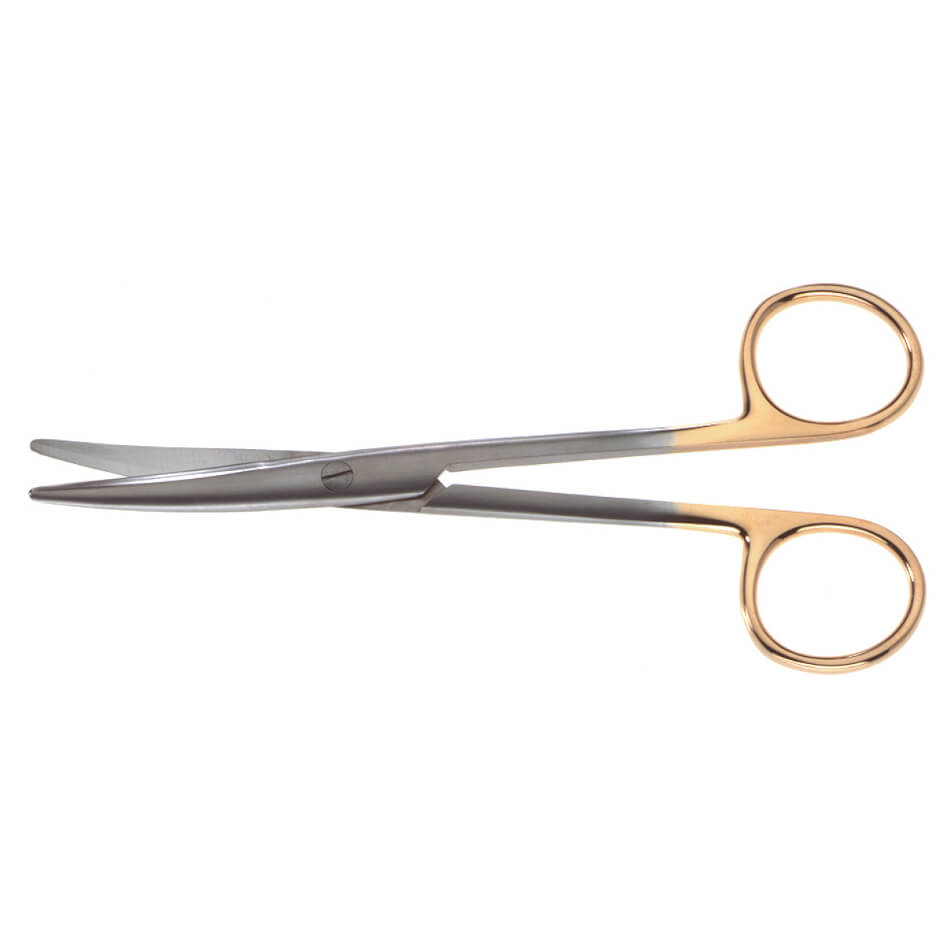 A pair of Mayo Onyx Scissors, 6-3/4″ (17cm) with curved blades and golden finger rings. Made of stainless steel with a shiny, polished finish, these general-purpose scissors feature tungsten carbide edges for enhanced durability and precision cutting in medical procedures.