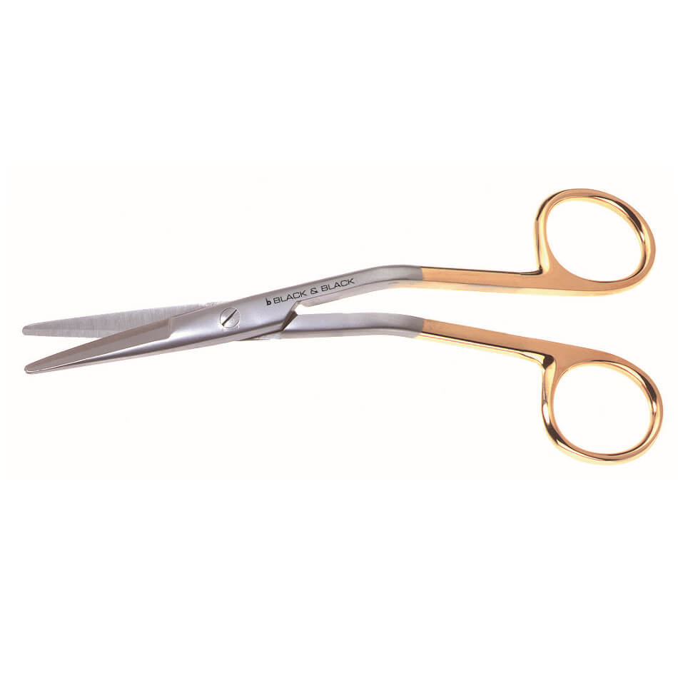 A pair of Cottle Onyx Scissors, 6-1/4″ (16cm), Angled with gold-colored handles and slightly curved, heavy blades. The tungsten carbide scissors have two finger loops, one larger than the other, for precise control during use. The brand name "BLACK & BLACK" is engraved on one of the blades.