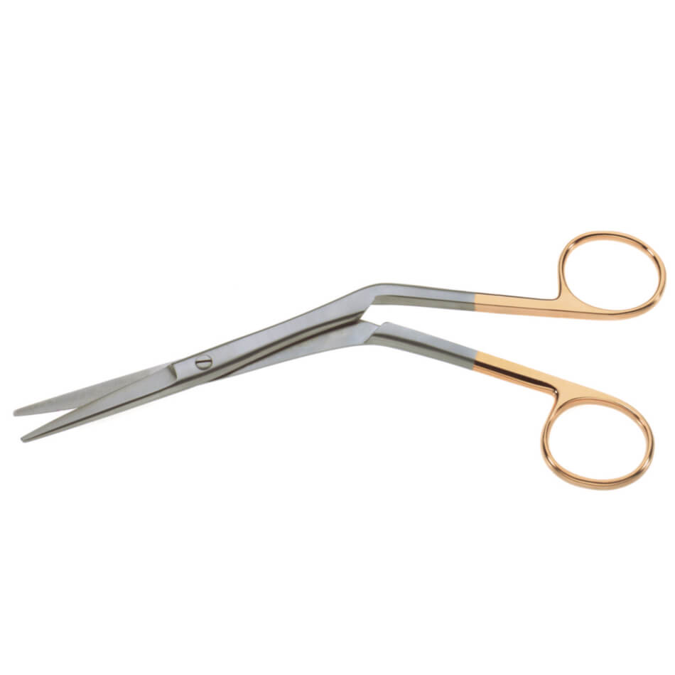 A pair of Tebbetts Type Serrated Onyx Scissors, 7-1/2″ (19cm), Angled with golden-colored handles and sharp, tungsten carbide blades designed for precision cutting in septal surgical applications. The blades are slightly angled, and the scissors have large finger holes for easy grip and control.