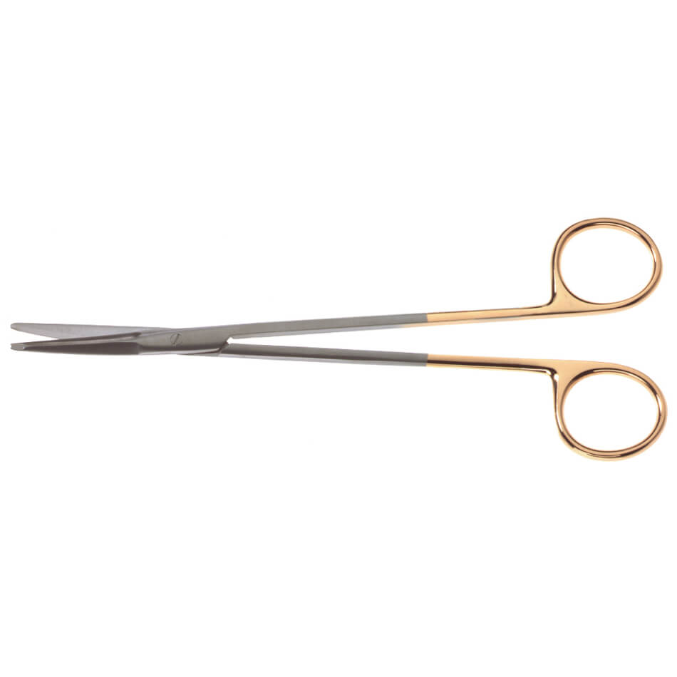The Kaye Facelift Serrated Onyx Scissors 7″ (18cm), Curved, feature gold-colored finger rings and handles with Tungsten Carbide inserts, shown on a white background.
