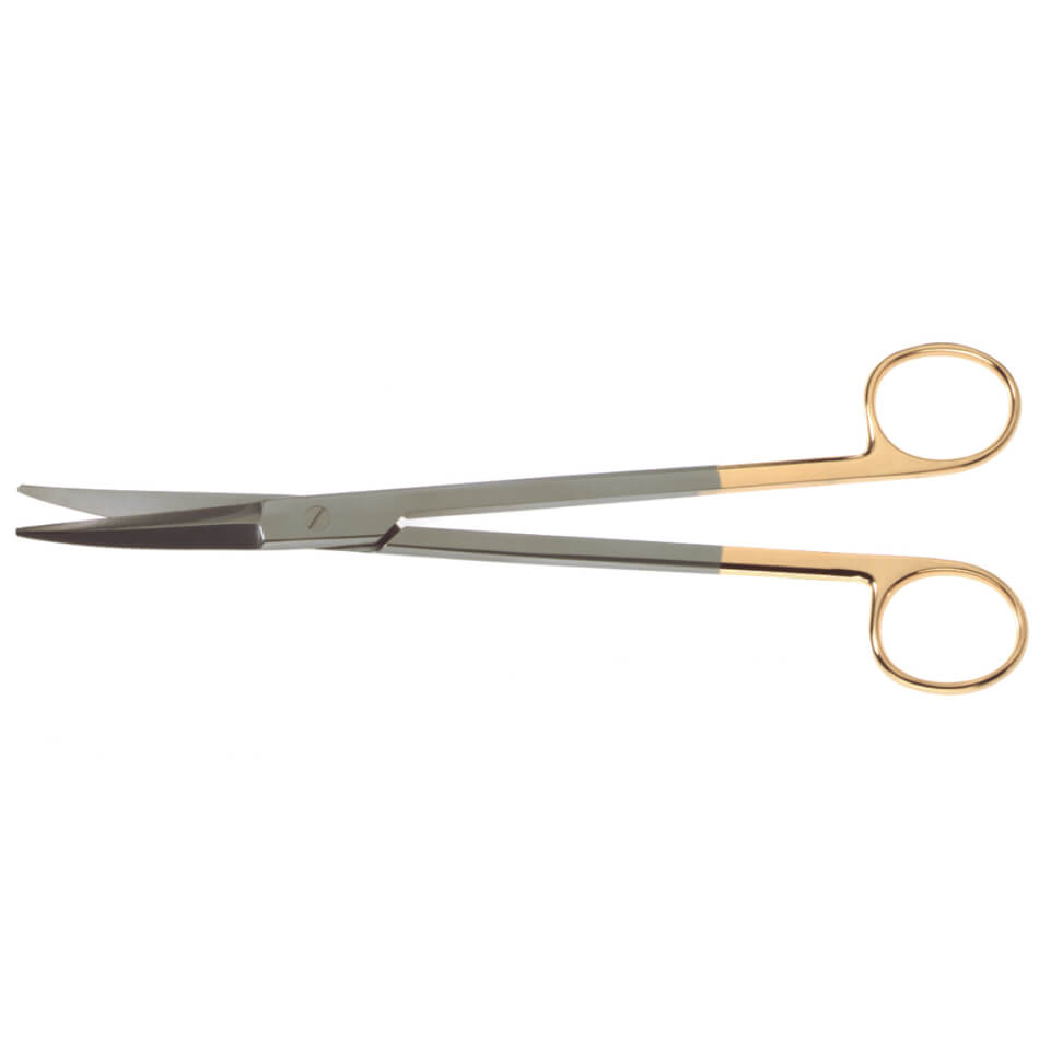 A pair of long, straight Aston Facelift Serrated Onyx Scissors with one gold-colored handle and one silver-colored handle, designed for precise cutting. The slightly curved blades are perfect for spread dissection. The design combines functionality with an elegant, contrasting metallic finish.