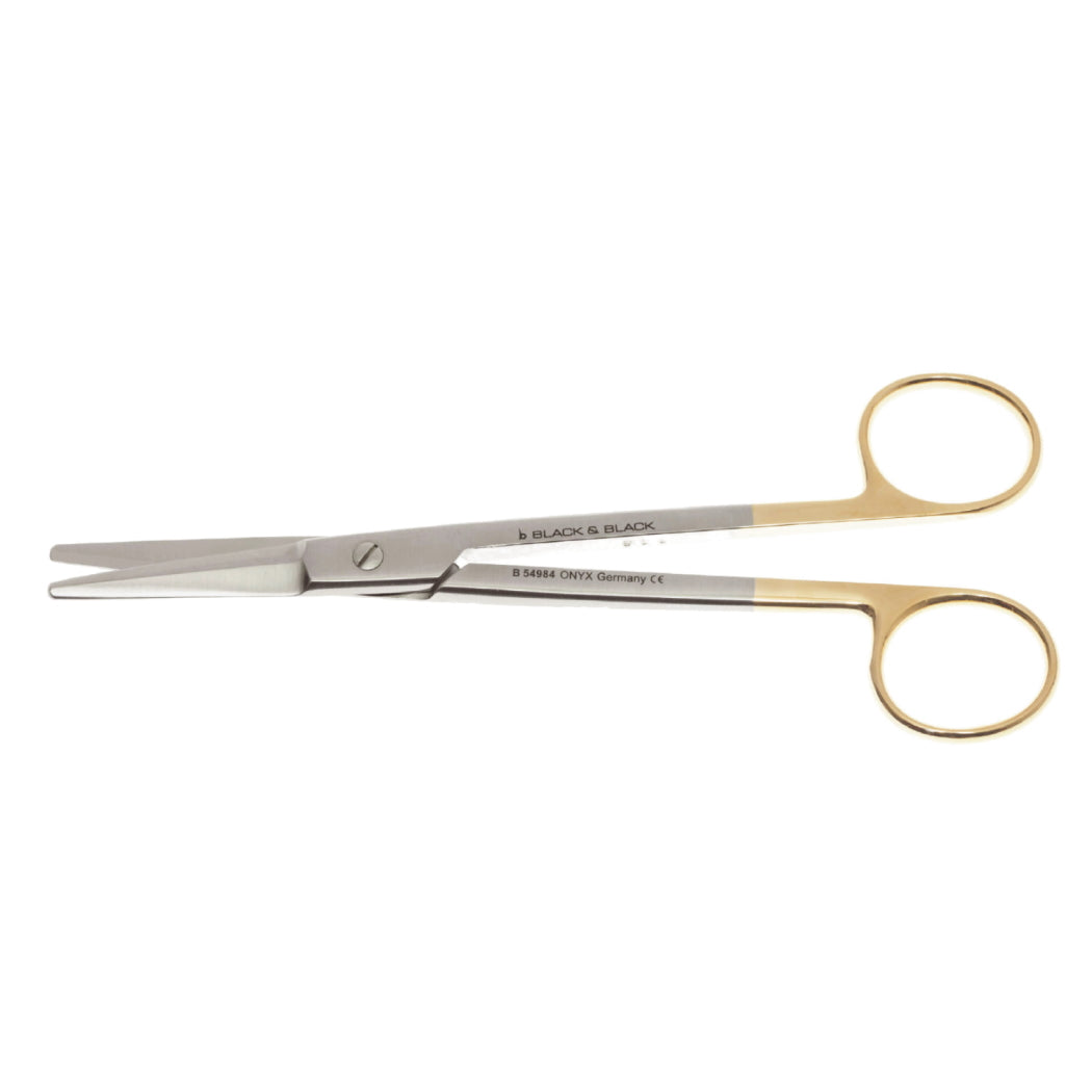 A pair of Tessier Facelift Onyx Scissors, 6-1/2″ (16.5cm), Straight with a straight, blunt-end blade and double-beveled blades for precision cutting. The handles are looped and feature a gold and silver color scheme. The branding &quot;Black &amp; Black&quot; is visible on one of the blades.