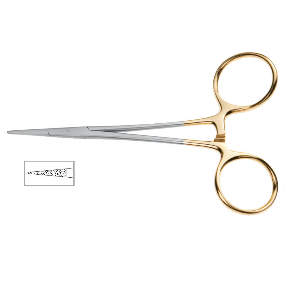 A Tebbetts Type Ultra-Delicate Micro-Onyx Needle Holder, 4-3/4″ (12cm) with golden finger rings, a metallic body, and fine tips ideal for delicate soft tissue surgery. The tip is serrated and coated with Tungsten carbide for enhanced durability, shown in a small inset image to the left of the needle holder.