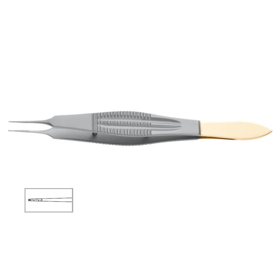 Image of a pair of Castroviejo Micro-Onyx Onyx Forceps, 4″ (10cm), 1x2 Teeth with a ribbed grey handle. The tips of the forceps, featuring 1x2 teeth, are fine and needle-like, specifically designed for delicate medical procedures. An inset image in the corner provides a detailed view of these delicate tissue forceps’ tips.