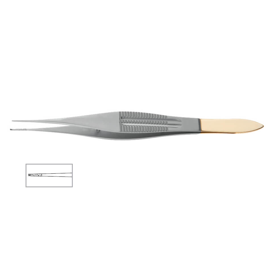 A pair of Tebbetts™ Delicate Micro-Onyx Tissue Forceps, 4-3/4″ (12cm), 1x2 Teeth with a gold-colored tip on one end and a textured grip in the middle, ideal for surgical procedures. Featuring a Micro-Onyx Jaw for enhanced precision, there is an inset image showcasing a close-up of the precision tips.