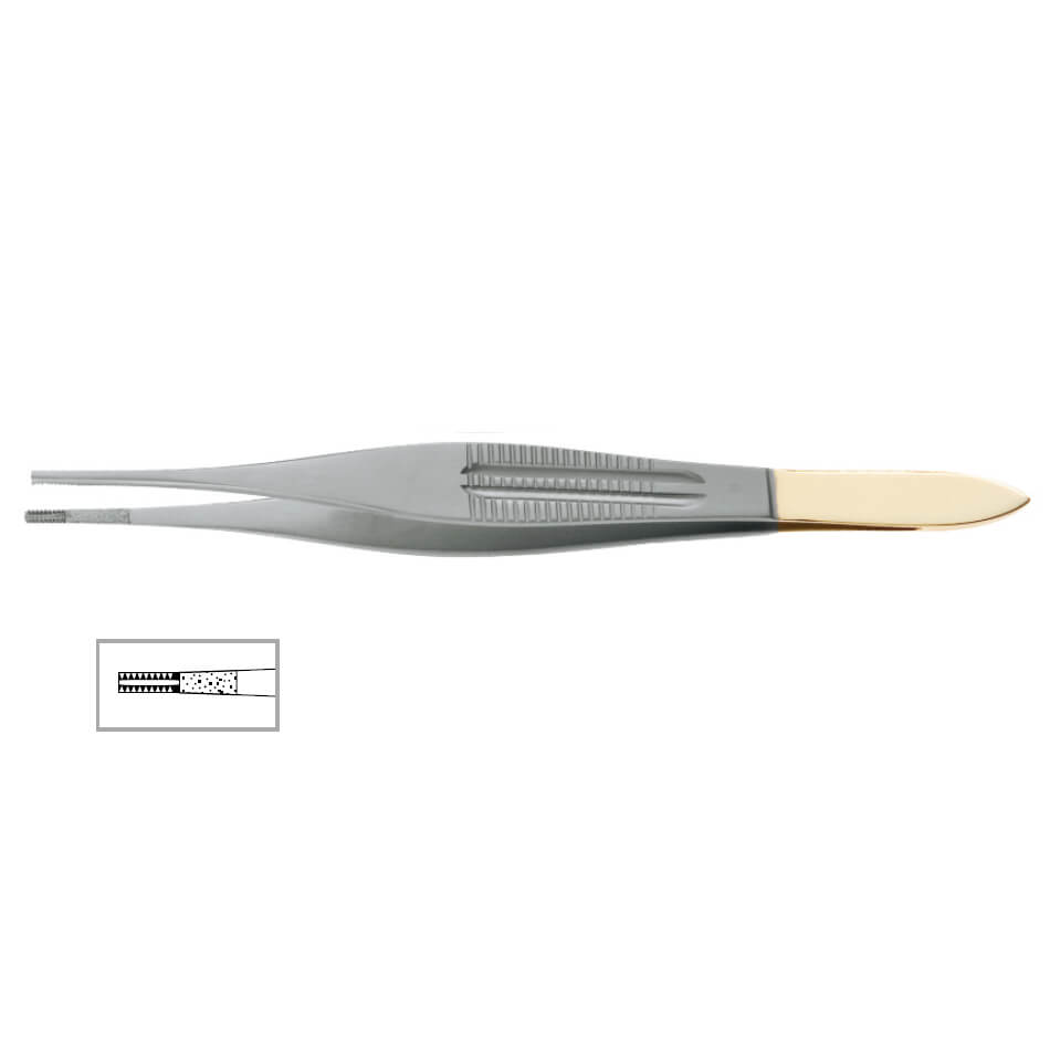 This image shows a pair of Tebbetts Brown Diamond Dust Forceps, 4-3/4″ (12cm), with a pointed tip, featuring an ergonomic design with a metallic body and gold-colored handle. The inset detail displays a close-up of the fine gripping ridges on the inner surface of the tips for enhanced control, ideal for atraumatic handling in blepharoplasty procedures.