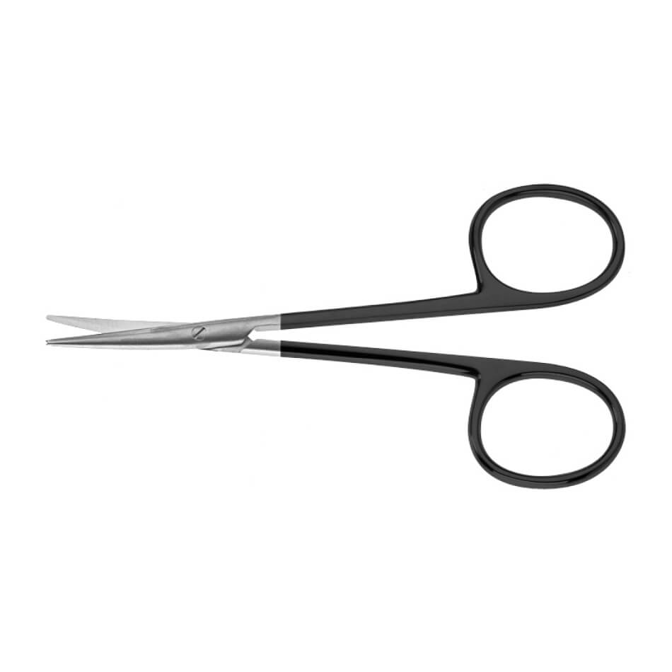 A pair of small, delicate Strabismus Serrated SuperCut Scissors, 4-1/2″ (11.5cm) with black handles and sharp, narrow blades slightly curved at the tips. Crafted from stainless steel and featuring micro serrations, the design is sleek and minimalist, ideal for precision cutting tasks. The background is plain white.